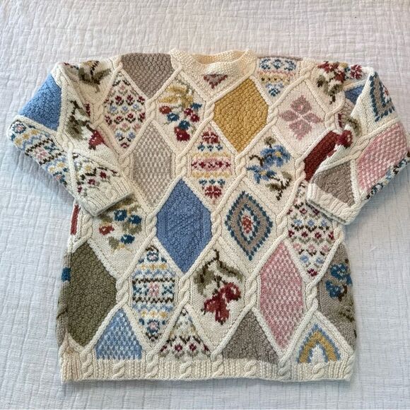 Laura Ashley Sweaters - Laura Ashley 90’s Patchwork Chunky Sweater Small 100% Wool Cottage Core Whimsy